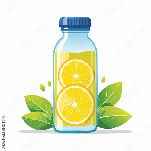 Refreshing Lemonade in a Clear Bottle with Lemon Slices and Green Leaves