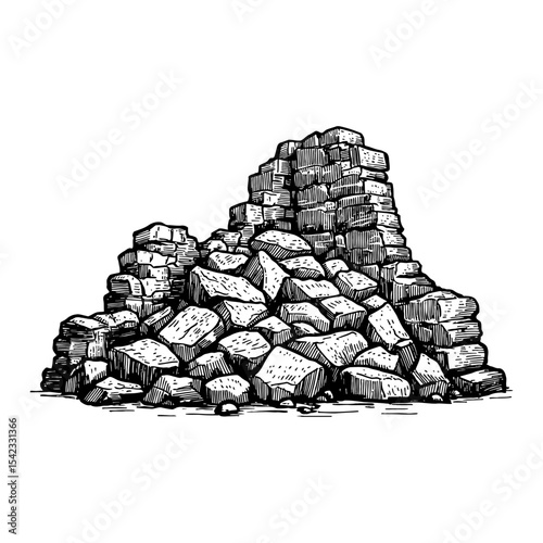 Ancient Rock Ruins or Heap of Stones Black and White Outline Line Art Drawing Isolated Object