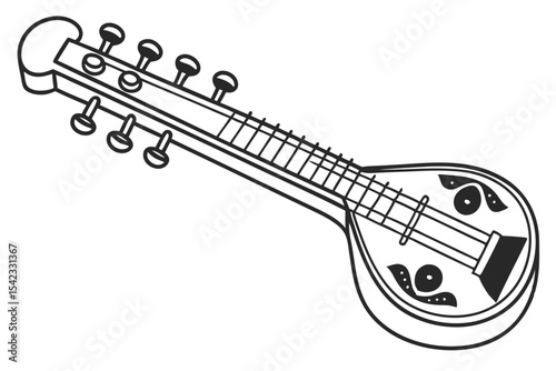 Indian Sitar String Instrument Line Drawing