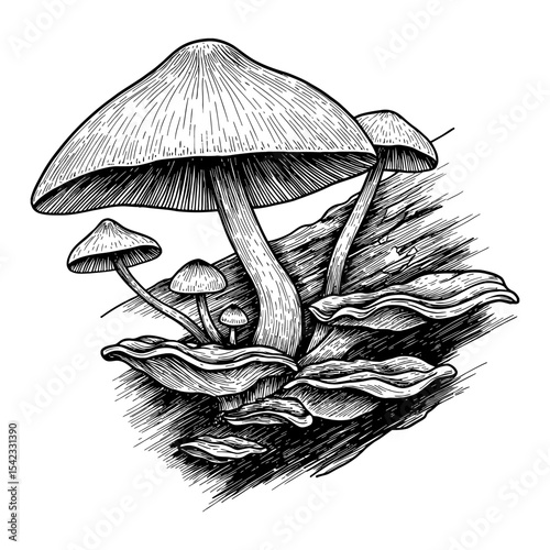 Detailed Tree Fungi Mushrooms Black and White Outline Line Art Drawing on a Wood Log Vintage Style