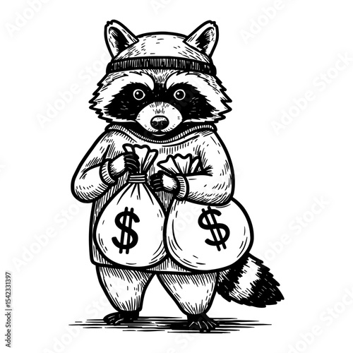 Suspicious Raccoon Thief Costume Carrying Money Bags Front View Black and White Outline Line Art Drawing