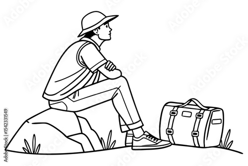 Backpacker Sitting on Rock Ready to Explore