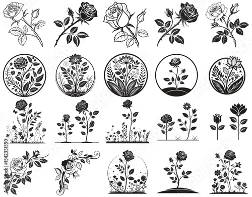 Decorative Floral Elements. Set of Blooming Flower Icons and Graphics