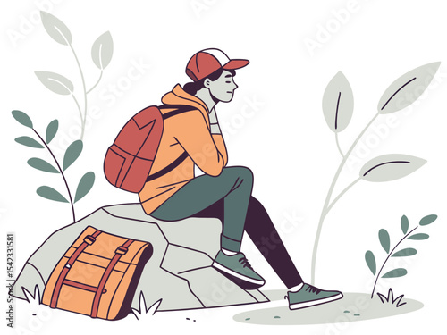 Traveler Resting with Bag in Outdoor Scene