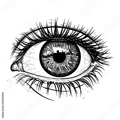 Very Clear Snowy Mountain Reflection in Eye Black and White Outline Line Art Drawing Vector Illustration