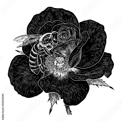 A Bee on Rose Close Up Shot Black and White Outline Line Art Drawing Detailed Engraving Style