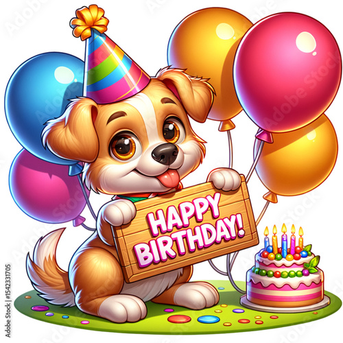 Birthday Pup's Celebration: A charming puppy, donned in a party hat, beams with delight as it holds a "Happy Birthday" sign, with a festive cake and balloons.