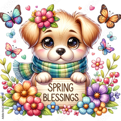Spring Blessings: A cartoon pup surrounded by beautiful flowers and butterflies, holding a wooden sign expressing spring blessings