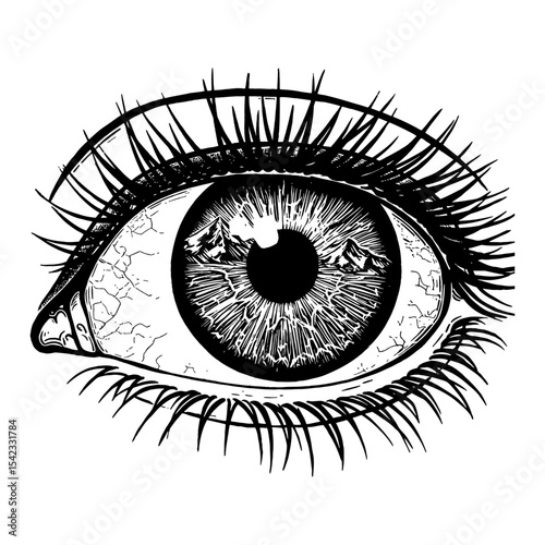 Clear Snowy Mountain Reflection in Eye Black and White Outline Line Art Drawing Detailed Illustration