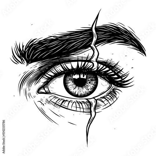 Very Detailed Badass Mens Eye with Distinctive Slash Scar Black and White Outline Line Art Drawing Style