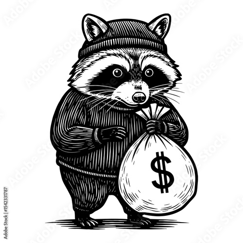 Suspicious Raccoon Thief Costume Carrying Money Bag Black and White Outline Line Art Drawing