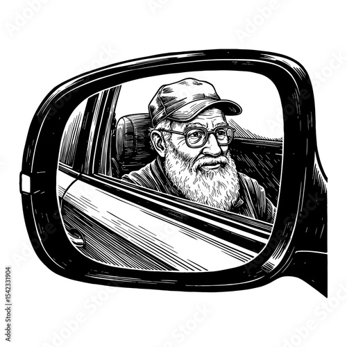 A Grandpa in the Reflection of Car Sideview Mirror Black and White Outline Line Art Drawing of a Senior Man