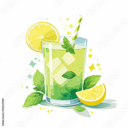 Refreshing Mint Lemonade with Lemon Slices and Ice in Glass