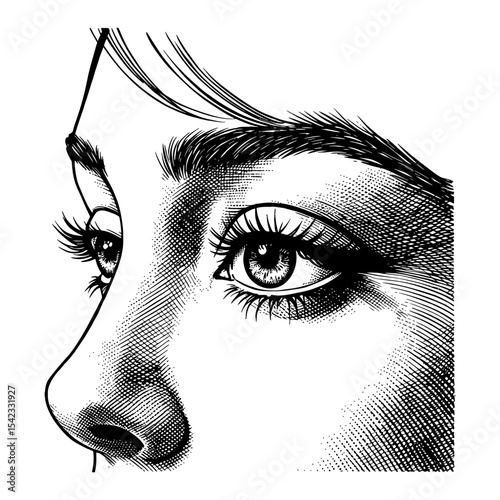 Beautiful Woman Close Up Face Eyes and Nose with Eyelashes in Vintage Black and White Outline Line Art Drawing