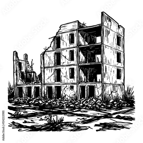 Apocalyptic Scene of Destroyed Modern City Building Ruins After War Black and White Outline Line Art Drawing