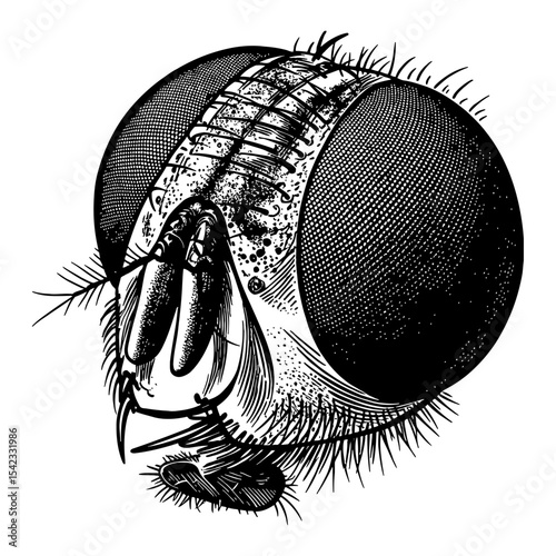 Detailed Close Up Shot of a Fly Head with Compound Eye Black and White Outline Line Art Drawing