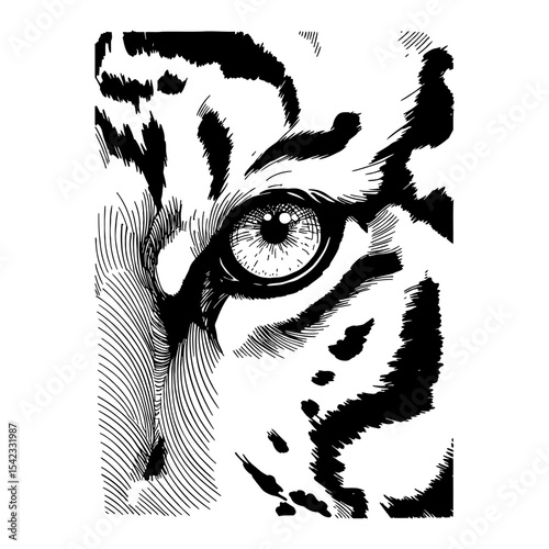 Detailed Close Up Shot of a Tiger Eye with Fur and Stripes Black and White Outline Line Art Drawing