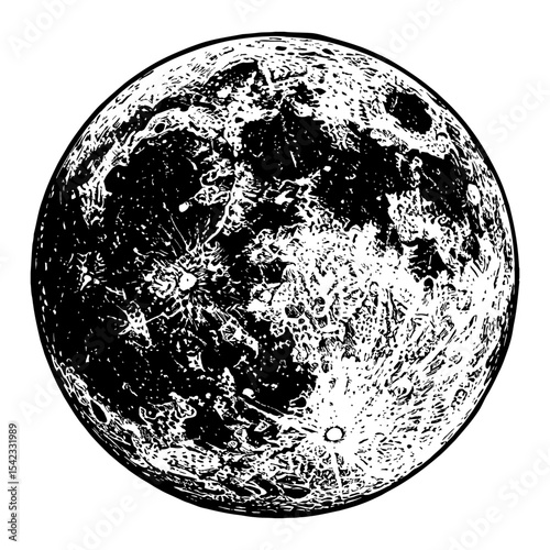 Highly Detailed Full Moon Celestial Body Black and White Outline Line Art Drawing Engraved Style