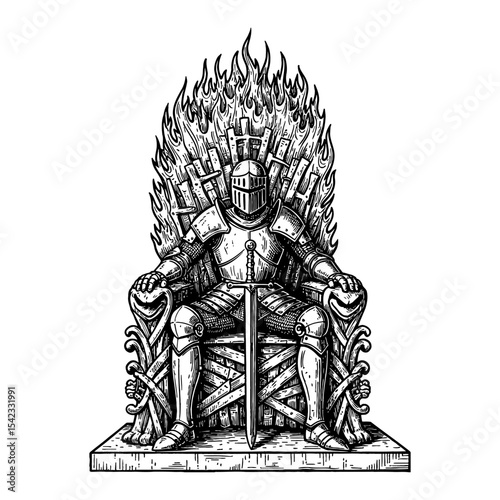 Medieval Knight Sitting on a Throne Made of Fire Holding Sword Black and White Outline Line Art Drawing