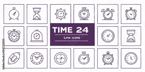 Line art time and clock icons set suitable for designs and time-based projects