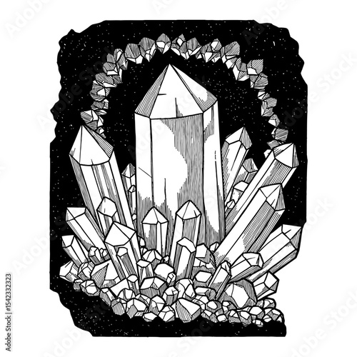 Mystical Natural Crystal Cluster Formation Black and White Outline Line Art Drawing Vintage Engraving Style