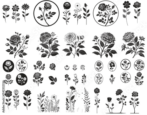 Decorative Floral Elements. Set of Blooming Flower Icons and Graphics