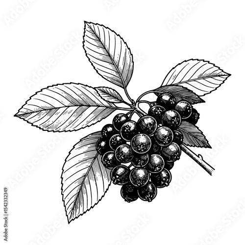 Canadian Serviceberry Branch Black and White Outline Line Art Drawing Vintage Engraving Style Botanical Illustration