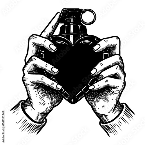 Two Hands Holding a Heart Shaped Grenade Black and White Outline Line Art Drawing Vector Illustration