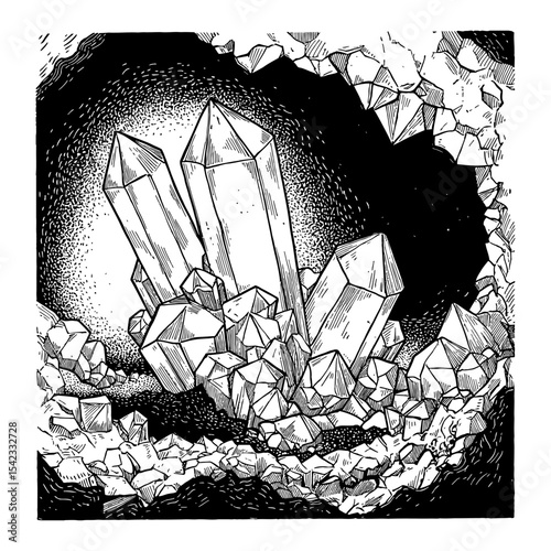 Detailed Crystal Formation Inside a Dark Cave Black and White Outline Line Art Drawing Vintage Style