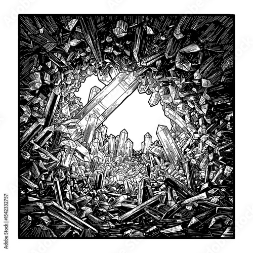 Abstract Geometric Crystal Cave Landscape Black and White Outline Line Art Drawing Underground Cavern