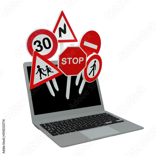 des panneaux routiers et un ordinateur portable, concept de code de la route en ligne - illustration 3D sur fond transparent
