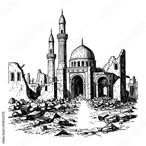 Destroyed Arabic City Ruins After War with Mosque and Minarets Black and White Outline Line Art Drawing
