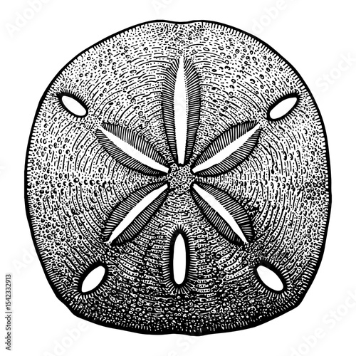 Sand Dollar Sea Urchin Shell Black and White Outline Line Art Drawing Marine Life Detailed Illustration