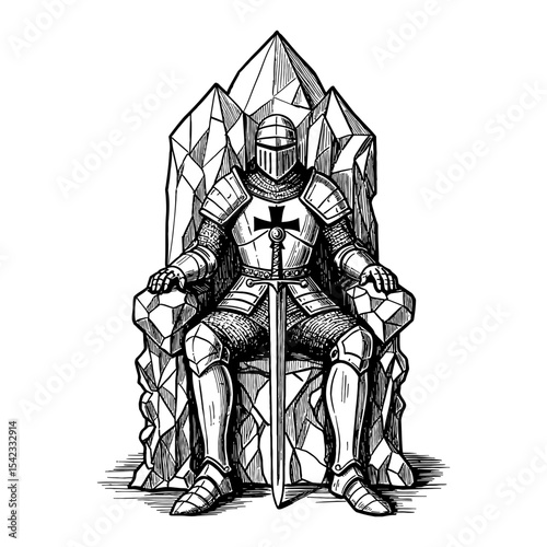 Medieval Knight Sitting on a Crystal Throne Black and White Outline Line Art Drawing Ancient Warrior