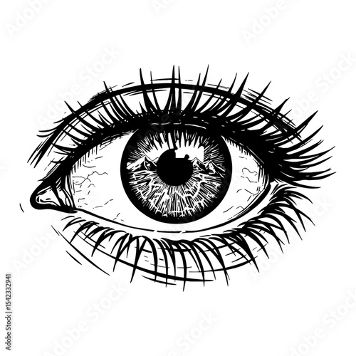 Very Clear Mountain Reflection in Human Eye Iris Pupil Black and White Outline Line Art Drawing