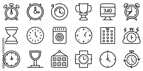 Set of hand drawn time icons including alarm clock hourglass and wall clock elements