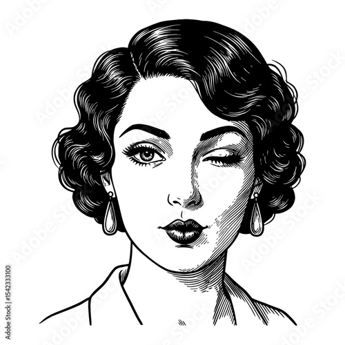 Vintage Beautiful Lady Portrait Flirty Winking Face Black and White Outline Line Art Drawing