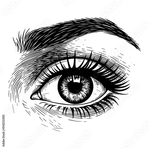 Very Detailed Beautiful Lady Eye Close Up Vintage Black and White Outline Line Art Drawing