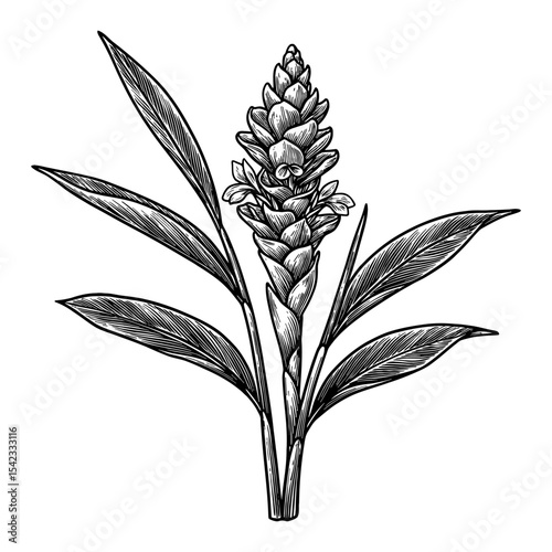 Detailed Ginger Plant with Flower Bud Black and White Outline Line Art Drawing Botanical Engraving Style