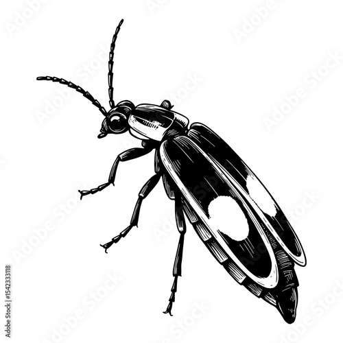 Firefly Insect Detailed Close Up View with Abdomen Spots Black and White Outline Line Art Drawing