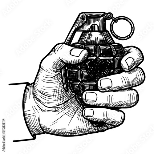A Hand Holding a Heart Shaped Love Grenade Black and White Outline Line Art Drawing Vector Isolated