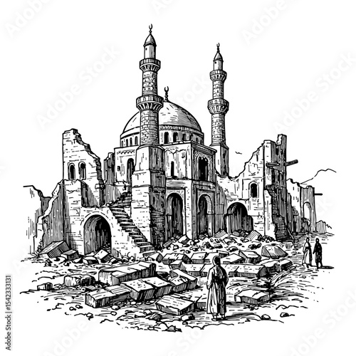 Destroyed Arabic City Ruins After War with Mosque and Debris Black and White Outline Line Art Drawing
