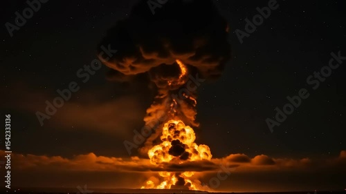 Close-up Large explosion with intense fire and smoke at night