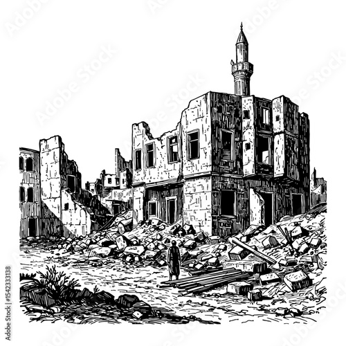 Destroyed Middle East City Ruins After War with Minaret and Lone Figure Black and White Outline Line Art Drawing