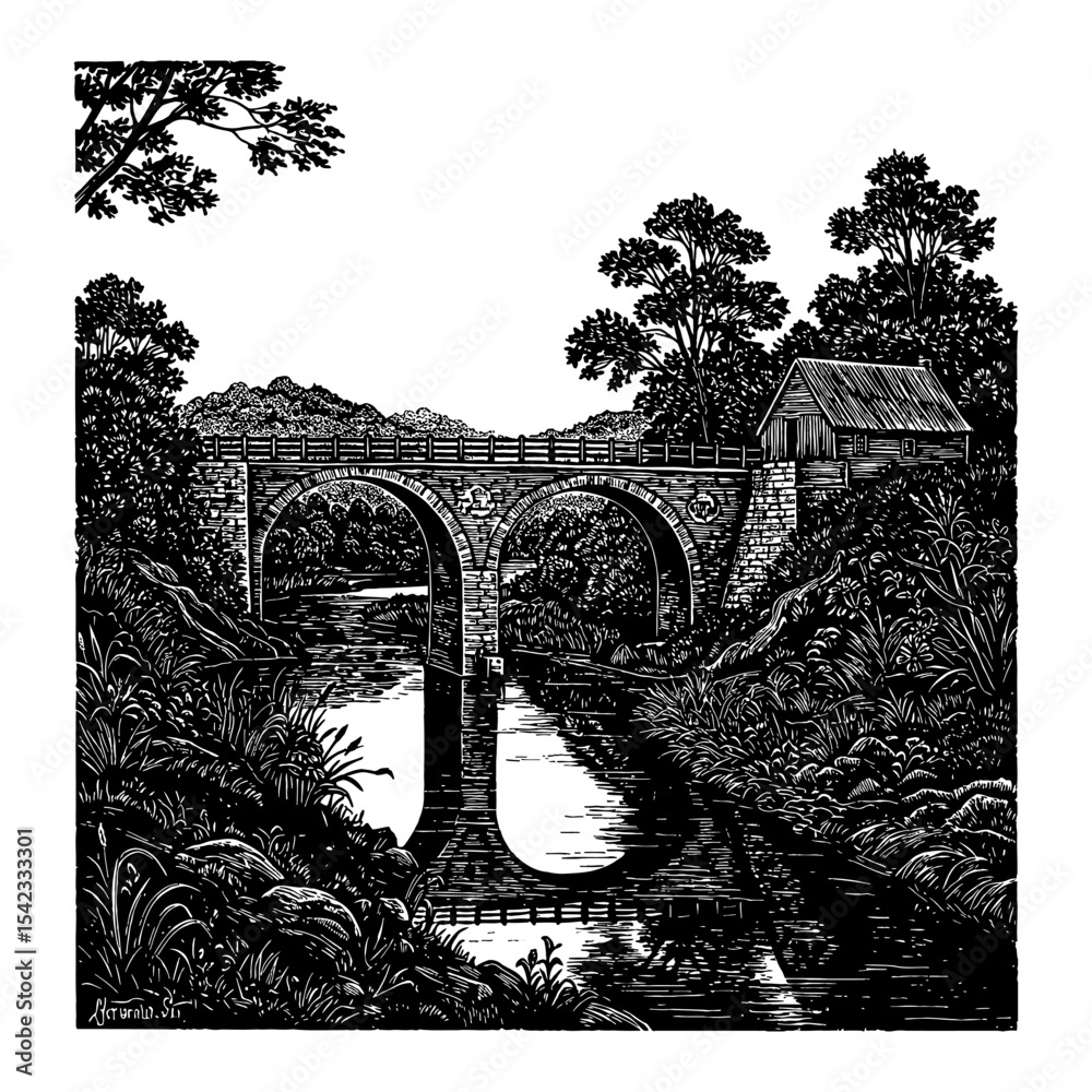 Fototapeta premium Gards Bridge Landscape with River and Rustic Building Black and White Outline Line Art Drawing