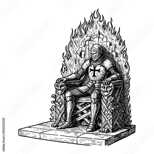 Medieval Knight Seated on Fiery Throne Black and White Outline Line Art Drawing Vintage Style