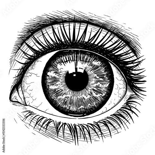 Detailed Human Eye with Sky and Clouds Reflection in Iris Black and White Outline Line Art Drawing