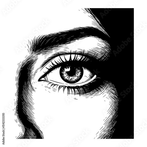 Detailed Beautiful Lady Eye Close Up in Black and White Outline Line Art Drawing with Engraving Style