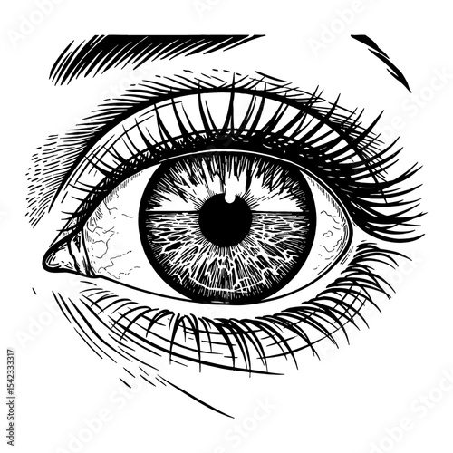 Very Clear Sea Waves Reflection in the Eye Human Eye Black and White Outline Line Art Drawing