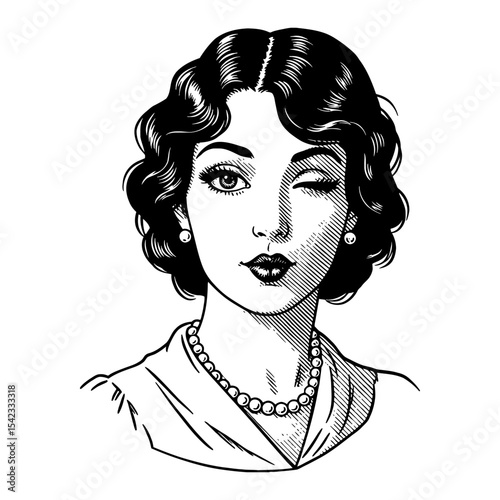 Vintage Lady Flirty Winking Face Black and White Outline Line Art Drawing Retro Pop Art Style